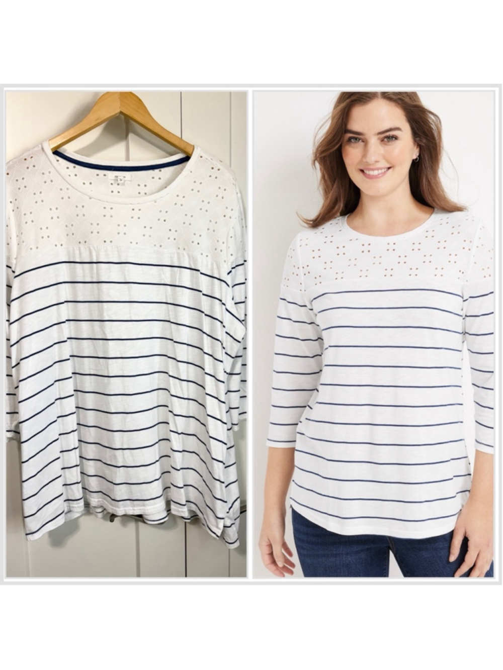 Maurices Women's White and Blue Striped eyelet 3/4 sleeve Top size 2x